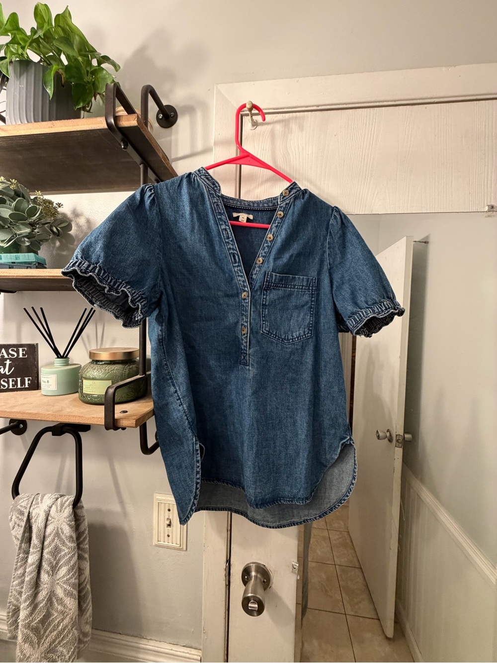 Anthropologie Pilcro Denim-Effect Button V-Neck Blouse in Blue